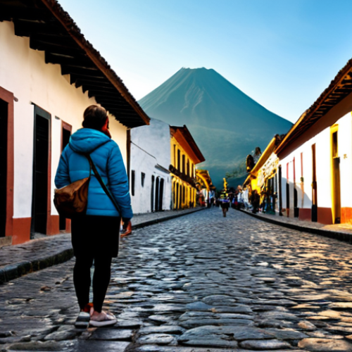 **Prompt:** A contemplative female traveler in modest, comfortable travel attire, including a light jacket and sensible shoes, fully clothed. She stands on an ancient cobblestone street in Antigua, Guatemala, near the iconic Santa Catalina Arch. In the distance, the majestic silhouettes of volcanoes Fuego, Acatenango, and Agua rise dramatically against a soft, golden hour sky. Colonial buildings with vibrant, weathered facades line the street. The scene is captured with professional photography, high resolution, detailed, realistic, perfect anatomy, correct proportions, natural pose, well-formed hands, proper finger count, natural body proportions. The image is appropriate content, safe for work, professional, and family-friendly.