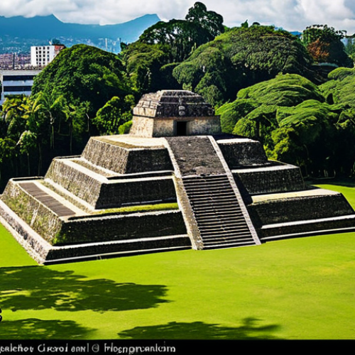 A professional archaeological photograph of an ancient Mayan earth pyramid, known as a 'mound,' at Kaminaljuyu. The structure is partially covered by lush, vibrant greenery, indicating its long history. The scene is set within a modern urban park in Guatemala City, with subtle hints of contemporary buildings visible in the background, showcasing the unique blend of ancient history and modern life. The lighting is soft and natural, emphasizing the textures of the earth and vegetation. The image conveys a peaceful, mysterious, and timeless atmosphere. safe for work, appropriate content, fully clothed, modest, family-friendly, high quality, professional photography, correct proportions, natural pose.