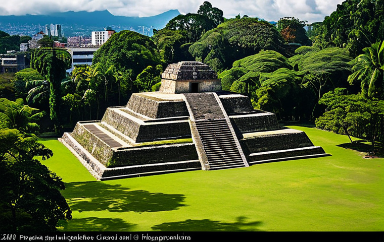 A professional archaeological photograph of an ancient Mayan earth pyramid, known as a 'mound,' at Kaminaljuyu. The structure is partially covered by lush, vibrant greenery, indicating its long history. The scene is set within a modern urban park in Guatemala City, with subtle hints of contemporary buildings visible in the background, showcasing the unique blend of ancient history and modern life. The lighting is soft and natural, emphasizing the textures of the earth and vegetation. The image conveys a peaceful, mysterious, and timeless atmosphere. safe for work, appropriate content, fully clothed, modest, family-friendly, high quality, professional photography, correct proportions, natural pose.