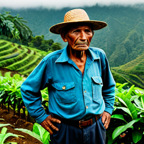 A resilient elderly Guatemalan coffee farmer, male, with weathered hands, wearing a modest long-sleeved shirt, practical trousers, and a traditional straw hat. He stands thoughtfully amidst a lush, verdant coffee plantation on a misty hillside, showcasing rows of healthy coffee plants. The scene conveys a sense of deep connection to the land and quiet determination. Perfect anatomy, correct proportions, natural pose, well-formed hands, proper finger count, natural body proportions, fully clothed, modest clothing, appropriate attire, professional dress, safe for work, appropriate content, family-friendly, professional photography, high quality.