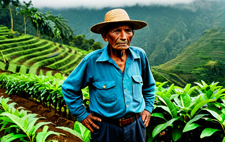A resilient elderly Guatemalan coffee farmer, male, with weathered hands, wearing a modest long-sleeved shirt, practical trousers, and a traditional straw hat. He stands thoughtfully amidst a lush, verdant coffee plantation on a misty hillside, showcasing rows of healthy coffee plants. The scene conveys a sense of deep connection to the land and quiet determination. Perfect anatomy, correct proportions, natural pose, well-formed hands, proper finger count, natural body proportions, fully clothed, modest clothing, appropriate attire, professional dress, safe for work, appropriate content, family-friendly, professional photography, high quality.