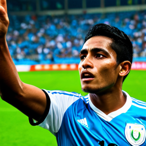 A determined Guatemalan male football player, fully clothed in a modest, professional national team uniform of blue and white, mid-action on a vibrant green football pitch. The player exhibits intense focus and unwavering determination, representing the 'garra' and resilience of the 'chapín' spirit. In the background, a massive crowd of passionate Guatemalan fans fills the stadium, their faces alight with excitement, creating an electrifying atmosphere. The scene captures the essence of the 'Jugador Número Doce' (12th player), reflecting the powerful energy of the supporters. Perfect anatomy, correct proportions, natural pose, well-formed hands, proper finger count, natural body proportions, professional sports photography, high quality, safe for work, appropriate content, fully clothed, family-friendly.