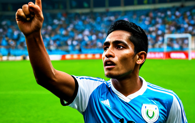 A determined Guatemalan male football player, fully clothed in a modest, professional national team uniform of blue and white, mid-action on a vibrant green football pitch. The player exhibits intense focus and unwavering determination, representing the 'garra' and resilience of the 'chapín' spirit. In the background, a massive crowd of passionate Guatemalan fans fills the stadium, their faces alight with excitement, creating an electrifying atmosphere. The scene captures the essence of the 'Jugador Número Doce' (12th player), reflecting the powerful energy of the supporters. Perfect anatomy, correct proportions, natural pose, well-formed hands, proper finger count, natural body proportions, professional sports photography, high quality, safe for work, appropriate content, fully clothed, family-friendly.