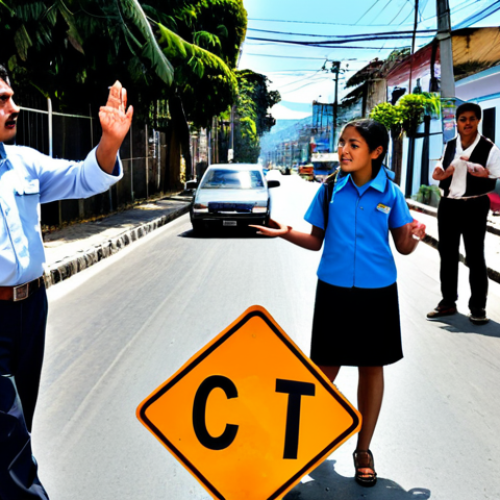 **

A modern Guatemalan street scene with a professional driving instructor in appropriate attire, teaching a group of students (fully clothed) about traffic signs. The background includes colorful buildings and a clear blue sky. Focus on the importance of road safety. Safe for work, appropriate content, professional, family-friendly, perfect anatomy, correct proportions, natural pose, well-formed hands, proper finger count, natural body proportions.

**