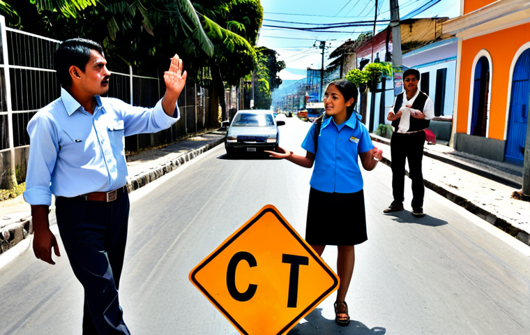 **

A modern Guatemalan street scene with a professional driving instructor in appropriate attire, teaching a group of students (fully clothed) about traffic signs. The background includes colorful buildings and a clear blue sky. Focus on the importance of road safety. Safe for work, appropriate content, professional, family-friendly, perfect anatomy, correct proportions, natural pose, well-formed hands, proper finger count, natural body proportions.

**