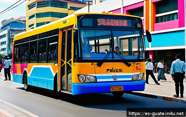 과테말라 대중교통 이용법 - A bustling urban street scene in Guatemala City featuring a modern Transmetro bus with clean, bright...