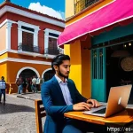 Home 18 과테말라 공공 와이파이 사용 팁 - A detailed scene of a young Guatemalan professional using a laptop in a bustling outdoor café in Gua...