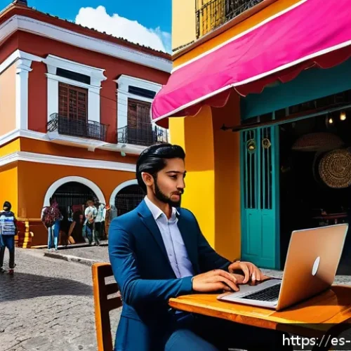 Home 30 과테말라 공공 와이파이 사용 팁 - A detailed scene of a young Guatemalan professional using a laptop in a bustling outdoor café in Gua...