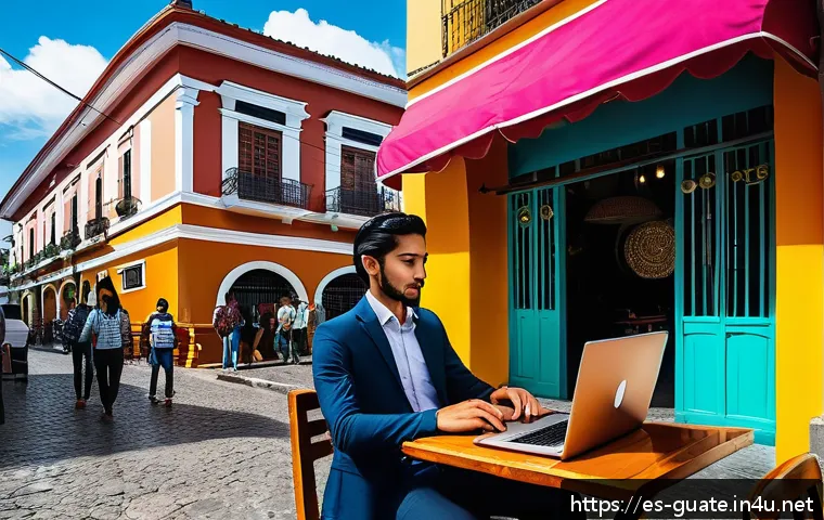 과테말라 공공 와이파이 사용 팁 - A detailed scene of a young Guatemalan professional using a laptop in a bustling outdoor caf&eacute; in Gua...
