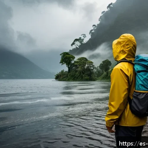 Home 17 과테말라에서 여행자 보험 가입 필요성 - A detailed scene of a traveler wearing practical outdoor clothing and a rainproof jacket, standing b...