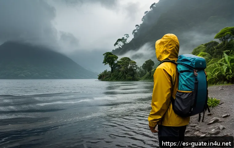 과테말라에서 여행자 보험 가입 필요성 - A detailed scene of a traveler wearing practical outdoor clothing and a rainproof jacket, standing b...