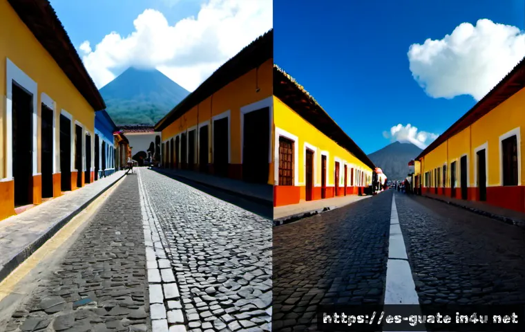 과테말라와 파나마 여행 스타일 비교 - Photorealistic split-scene travel comparison, left side Guatemala: colorful colonial street in Antig...