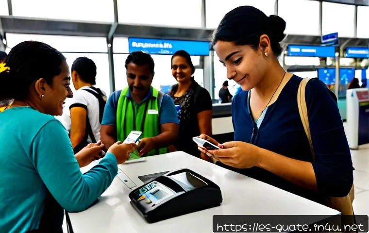 과테말라 현지 유심칩 구매 방법 - Photorealistic travel scene inside a bright Guatemala City airport arrivals hall, a Spanish-speaking...